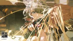  1girl ahoge animal_ears architecture arknights arknights:_endfield black_gloves blue_eyes chinese_commentary commentary_request copyright_logo copyright_notice earrings east_asian_architecture extra_ears eyepatch fingerless_gloves gloves grey_hair highres jewelry logo looking_at_viewer official_art one_eye_covered open_mouth short_hair smile tail tangtang_(arknights) tiger_ears tiger_girl yu-y_(824412) 