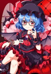  1girl alternate_color ascot back_bow bat_wings bespectacled black-framed_eyewear black_boots black_hat black_shirt black_skirt blue_hair blush boots bow brooch closed_mouth collared_shirt commentary_request commission couch crossed_legs frilled_shirt_collar frilled_skirt frilled_wrist_cuffs frills glasses hair_between_eyes hat hat_ribbon highres indoors jewelry looking_at_viewer mob_cap name_tag on_couch puffy_short_sleeves puffy_sleeves red_ascot red_bow red_eyes red_wrist_cuffs remilia_scarlet remilia_scarlet_(tiny_devil_mistress) ribbon ruu_(tksymkw) second-party_source shirt short_sleeves sitting skeb_commission skirt skirt_bow sleeve_bow smile solo touhou touhou_lostword wings wrist_cuffs 