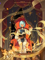  4boys 4girls absurdres animal_ears arm_up armchair ascot barefoot basilio_(metaphor:_refantazio) blue_eyes blue_hair blurry book boots bright_pupils chair column commentary_request confetti curtains dark-skinned_male dark_skin depth_of_field dual_persona english_text eupha_(metaphor:_refantazio) fairy fairy_wings folding_fan gallica_(metaphor:_refantazio) hair_between_eyes hairband halberd hand_fan heismay_(metaphor:_refantazio) highres holding holding_book holding_fan holding_polearm holding_staff holding_sword holding_weapon hulkenberg_(metaphor:_refantazio) jacket junah_(metaphor:_refantazio) leotard long_hair long_sleeves looking_at_viewer metaphor:_refantazio mini_person minigirl multiple_boys multiple_girls musical_note musical_staff on_chair open_book orange_hair over_shoulder pants parted_lips pillar pointy_ears polearm poncho protagonist_(metaphor:_refantazio) sash shirt short_hair shoulder_sash sitting smile spoilers staff strohl_(metaphor:_refantazio) sword sword_over_shoulder tassel twitter_username walking weapon weapon_over_shoulder white_ascot white_hairband white_pants white_pupils white_shirt wings yellow_leotard yosora 