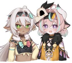  2girls aged_down ahoge animal_ears animal_skull bandaid bandaid_on_face bandaid_on_nose cosplay cow_ears cow_girl cow_horns crossed_bandaids dark-skinned_female dark_skin detached_sleeves earrings fukami_nau genshin_impact green_eyes grey_hair hair_between_eyes headband highres horns iansan_(genshin_impact) iansan_(genshin_impact)_(cosplay) jewelry long_hair looking_at_viewer multicolored_hair multiple_girls open_mouth pink_hair skull_on_head smile streaked_hair v-shaped_eyebrows varesa_(genshin_impact) varesa_(genshin_impact)_(cosplay) violet_eyes white_horns yellow_sleeves 