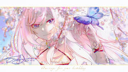  1girl blue_eyes border breasts bridal_veil bug butterfly butterfly_on_hand cherry_blossoms dress elysia_(honkai_impact) english_text highres honkai_(series) honkai_impact_3rd large_breasts long_hair otwd_2d outdoors pink_hair signature smile solo veil very_long_hair white_border 