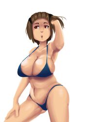  1girl :o adjusting_hair armpits belly bikini blue_bikini breasts brown_hair cleavage collarbone hand_on_leg highleg highleg_bikini highleg_swimsuit huge_breasts looking_to_the_side navel nose open_mouth original plump red_eyes short_hair simple_background solo standing swimsuit white_background zhlink 