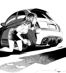  1girl abarth_595 car check_vehicle chiappa_rhino collared_shirt commentary electric_niw english_commentary from_side glasses greyscale gun holding holding_gun holding_weapon kat_(electric_niw) kneeling long_hair looking_ahead monochrome motor_vehicle original pencil_skirt revolver scared shadow shirt short_sleeves skirt sweat taking_cover trigger_discipline vehicle_request weapon 