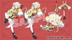  1girl black_boots blonde_hair blue_eyes blue_horns boots braid bun_cover charm_(object) chibi chibi_inset chinese_clothes closed_eyes commentary_request cropped_jacket double_bun egasumi floral_print hair_bun hair_ornament hood hooded_jacket horns jacket kadou_mikaru light_blush light_smile lightning_bolt_hair_ornament lightning_bolt_symbol lolita_fashion long_sleeves low_twin_braids mochida_touri multicolored_horns nijisanji official_art pankou pencil_skirt qi_lolita qinqin shanghai_neckline side_slit single_thighhigh skirt sleeves_past_wrists tangzhuang tassel thigh-highs thigh_strap twin_braids two-tone_horns white_horns white_thighhighs white_trim x_hair_ornament xiangyun yi_er_fan_club_(vocaloid) 