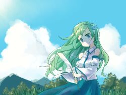  1girl blue_eyes blue_skirt blue_sky chinese_commentary closed_mouth clouds commentary day detached_sleeves frog_hair_ornament green_hair hair_ornament hair_tubes kochiya_sanae mountainous_horizon outdoors single_hair_tube skirt sky smile snake_hair_ornament solo touhou tuck_(tuck23978434) 