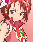  1girl butterfly_ornament collared_shirt cure_rouge frills hair_ornament jewelry magical_girl manji_(tenketsu) natsuki_rin precure red_background red_eyes redhead short_hair short_sleeves simple_background smile solo yes!_precure_5 yes!_precure_5_gogo! 
