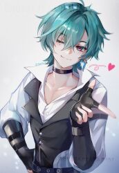  1boy absurdres ahoge avesaoi belt belt_collar black_belt black_gloves buttons choker collar collarbone collared_shirt commentary earrings fingerless_gloves genshin_impact gloves green_hair hair_between_eyes hair_intakes hand_on_own_hip hand_up heart highres jewelry lapels lohen_(genshin_impact) lohen_(standardized_test)_(genshin_impact) looking_at_viewer male_focus mole mole_under_eye multicolored_eyes official_alternate_costume one_eye_closed open_collar pinstripe_pattern pinstripe_vest shirt short_hair single_earring smile solo twitter_username untranslatable_commentary upper_body vest waistcoat white_background white_shirt 