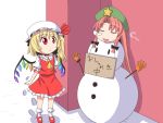  2girls asymmetrical_hair asymmetrical_wings blonde_hair braid dress expressionless flandre_scarlet hat hong_meiling long_hair looking_at_another mob_cap multiple_girls nose_bubble open_mouth puffy_short_sleeves puffy_sleeves red_dress red_eyes shoes short_hair short_sleeves sleeping snow snowman socks star touhou translated twin_braids utakata_(azaka00) wings 