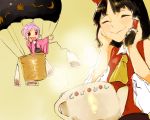  2girls 8tan ascot black_hair bow brown_background closed_eyes detached_sleeves ears floral_print flower hair_bow hair_tubes hakurei_reimu hands_on_own_cheeks hands_on_own_face hot_air_balloon japanese_clothes kimono minigirl multiple_girls no_hat open_mouth pink_eyes pink_hair red_eyes ribbon-trimmed_sleeves ribbon_trim rose short_hair sketch sleeveless smile steam sukuna_shinmyoumaru teabag teapot throwing touhou 