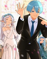  1boy 2girls ^_^ aqua_coat aqua_hat artist_name black_jacket black_pantyhose blue_eyes blue_hair choker closed_eyes coat collarbone commentary crossover dress earrings elbow_gloves elf elpipe_3000 english_commentary frieren gloves hat highres himmel_(sousou_no_frieren) jacket jewelry long_hair looking_at_viewer multiple_girls necklace pantyhose pearl_necklace pointy_ears richeh_(tongari_boushi_no_atelier) ring shirt short_hair smile sousou_no_frieren thumbs_up tongari_boushi_no_atelier twintails wedding wedding_dress wedding_ring white_choker white_dress white_gloves white_hair white_shirt 