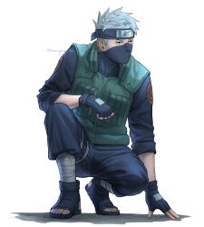  1boy absurdres arm_support bandaged_leg bandages black_gloves black_headband black_pants black_sandals black_shirt bunnying_182 commentary covered_mouth elbow_on_knee fingerless_gloves flak_jacket forehead_protector gloves green_jacket hatake_kakashi headband highres jacket konohagakure_symbol looking_to_the_side male_focus mask mouth_mask naruto_(series) pants sandals shirt short_hair short_sideburns sideburns sideways_glance simple_background solo squatting twitter_username white_background white_hair 