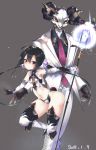  1boy 1girl amder animal_ears black_hair boots brown_eyes cross-laced_footwear elbow_gloves formal gloves grey_legwear highres horns lace-up_boots long_hair midriff necktie original sheep_horns smile suit thigh-highs twintails wand white_boots 