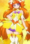  1girl amanogawa_kirara bare_shoulders breasts brown_hair cleavage cure_twinkle earrings gloves go!_princess_precure hand_on_hip jewelry long_hair looking_at_viewer magical_girl manji_(tenketsu) precure smile solo star star_earrings thigh-highs twintails very_long_hair violet_eyes white_gloves 
