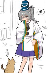  1girl absurdres blue_hat blue_skirt bright_pupils cat commentary_request grey_eyes grey_hair hat highres japanese_clothes kariginu long_sleeves looking_at_animal mononobe_no_futo moriya210 pom_pom_(clothes) ponytail ribbon-trimmed_sleeves ribbon_trim skirt speech_bubble spoken_squiggle squiggle tate_eboshi touhou white_pupils wide_sleeves 