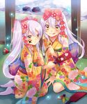  2girls facepaint hagoita hanetsuki japanese_clothes kimono long_hair multiple_girls official_art paddle purple_hair senjou_no_electro_girl shina_shina yellow_eyes 