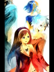 .hack// .hack//g.u. 2boys 2girls black_border black_hair border commentary fur-trimmed_jacket fur_trim hairband highres holding_hands indou_masato jacket kusaka_chigusa lapels maro_maronomaro misaki_ryou_(.hack//) multiple_boys multiple_girls nanao_shino pillarboxed simple_background smile talking_on_phone white_background white_hair 