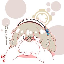  1other :d akane_(blue_archive) black-framed_eyewear blue_archive blush brown_hair cheek_poking chibi closed_eyes colored_shadow commentary_request disembodied_hand eyes_visible_through_hair glasses hair_between_eyes halo highres kurukurumagical long_hair maid_headdress mouth_visible_through_hair poking shadow smile translation_request very_long_hair white_background 