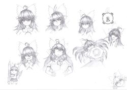  1girl :3 absurdres antennae arm_cannon bow closed_eyes commentary dated english_commentary flat_chest greyscale hair_bow highres long_hair monochrome multiple_views pencil radiation_symbol-shaped_pupils reiuji_utsuho sidelocks simple_background symbol-shaped_pupils thatkirisame touhou upper_body weapon 