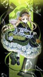  1girl absurdres asymmetrical_footwear black_bow black_capelet black_flower black_rose black_shoes blonde_hair bonnet bow bow_flower bowtie broken_glass capelet commentary_request dress feather_fan flower flower-trimmed_dress flower-trimmed_skirt frilled_dress frilled_skirt frilled_sleeves frills full_body glass glass_shards green_bonnet green_eyes green_shoes hair_flower hair_ornament hand_fan highres holding holding_fan kurojo_momiji lolita_fashion long_hair long_sleeves looking_at_viewer mahou_shoujo_no_majo_saiban mismatched_footwear pleated_capelet rose shoes skirt socks solo tono_hanna twintails watermark white_flower white_rose white_socks wide_sleeves yellow_flower yellow_rose 