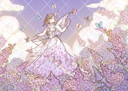  1girl absurdres bare_shoulders blonde_hair blooming_dreams_(infinity_nikki) blue_butterfly bug butterfly chinese_commentary circlet closed_mouth clouds collar commentary_request commission day detached_collar dress fairy fairy_wings floral_print flower flying footwear_flower full_body happy head_wreath high_collar high_heels highres infinity_nikki lace_collar lavender_(flower) long_dress looking_to_the_side medium_hair nikki_(series) outdoors pink_butterfly pleated_dress pointy_nose print_dress purple_dress purple_flower purple_shoes purple_sky purple_theme shoes shuishuishui98829 sky sleeveless sleeveless_dress smile solo violet_eyes watermark watermark_grid white_collar white_wings white_wrist_cuffs wings wrist_cuffs yellow_butterfly 