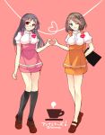  2girls ;d alternate_costume anna_miller black_hair blue_eyes brown_hair choukai_(kantai_collection) cup glasses hair_ornament heart heart_hands heart_hands_duo kantai_collection long_hair mary_janes maya_(kantai_collection) menu multiple_girls one_eye_closed open_mouth red_eyes shoes short_hair smile teacup teramoto_kaoru translation_request twitter_username waitress 