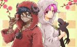  1boy 1girl 2015 animal_costume avenger bazett_fraga_mcremitz black_hair dark_skin dog fate/hollow_ataraxia fate_(series) full_body_tattoo horns mgk968 purple_hair sheep_costume sheep_hood sheep_horns short_hair tattoo violet_eyes 