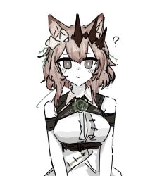  1girl :/ ? animal_ears arknights bare_shoulders black_tiara blush breasts bright_pupils brown_eyes brown_hair cat_ears cat_girl commentary cross_tie crossed_bangs dress flower grape_(grayp) hair_flower hair_ornament hair_vines looking_at_viewer medium_breasts solo tiara vendela_(arknights) white_background white_dress white_pupils 