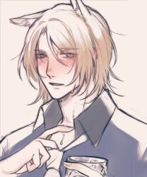  1boy animal_ears arknights blonde_hair blue_shirt blush contrast_collar cup drinking_glass drunk eyes_visible_through_hair hand_up highres holding holding_cup horse_boy horse_ears looking_at_viewer male_focus mlynar_(arknights) necktie open_collar parted_bangs parted_lips portrait shirt short_hair simple_background solja solo sweat white_background white_necktie wrinkled_skin yellow_eyes 