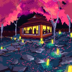  animated animated_gif architecture blinking_lights east_asian_architecture falling_leaves highres lantern leaf nature night original outdoors paper_lantern pixel_art shouji silhouette sliding_doors tagme tree victorards 