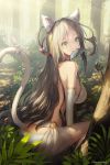  1girl animal_ears ass bare_back blonde_hair breasts cat_ears cat_tail elbow_gloves fish forest gloves green_eyes leaf looking_at_viewer looking_back mouth_hold nature original ritsuki sideboob sitting solo tail thighs tree 