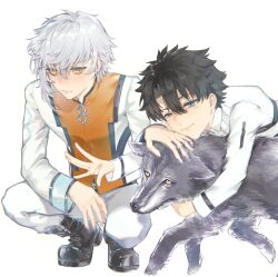  2boys animal_hug black_hair black_shoes blue_eyes chaldea_logo chaldea_staff_uniform curtained_hair fate/grand_order fate_(series) fujimaru_ritsuka_(male) full_body green_rar grey_hair highres kadoc_zemlupus light_smile long_sleeves male_focus multiple_boys shoes short_hair simple_background squatting white_background wolf yellow_background 