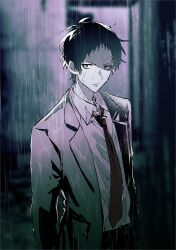  1boy adachi_tooru bad_id bad_twitter_id blurry blurry_background closed_mouth collared_shirt glaring highres jacket limited_palette long_sleeves looking_at_viewer male_focus necktie outdoors persona persona_4 rain shirt short_hair solo upper_body wet wet_clothes zeka_(skzk_cm) 