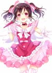  1girl :d \m/ black_hair blush bow choker dress earrings gloves hair_bow idol jewelry looking_at_viewer love_live!_school_idol_project microphone open_mouth pink_dress pink_eyes red_dress short_hair simple_background smile solo striped striped_legwear thigh-highs twintails vertical-striped_legwear vertical_stripes white_background white_gloves wings yazawa_nico 