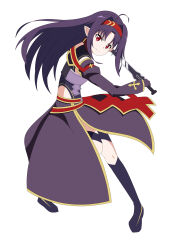  >:) 1girl absurdres ahoge armor belt boots breastplate closed_mouth collared_leotard commentary_request detached_sleeves floating_hair full_body gloves hair_intakes hairband highleg highleg_leotard highres hirar1n holding holding_sword holding_weapon leotard long_hair long_skirt long_sleeves looking_at_viewer messy_hair obsidian_slasher pointy_ears purple_armor purple_boots purple_gloves purple_leotard purple_skirt purple_sleeves red_belt red_eyes red_hairband red_ribbon red_trim ribbon sidelocks simple_background skirt smile solo split_mouth standing sword sword_art_online thigh_boots v-shaped_eyebrows weapon white_background wing_collar yellow_trim yuuki_(sao) 