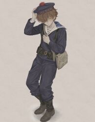  1boy absurdres adept_pelinal bag black_shoes blue_jacket blue_pants boots brown_eyes brown_hair french_navy hand_on_headwear hat highres jacket looking_at_viewer looking_down messenger_bag military_uniform original pants sailor_hat shoes shoulder_bag solo 