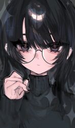  1girl black_eyes black_hair black_nails black_sweater commentary ear_piercing glasses hand_up highres long_sleeves looking_at_viewer original oubaisameko_181 piercing portrait solo sparkle spiked_ear_piercing straight-on sweater turtleneck turtleneck_sweater untranslatable_commentary 