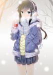 1girl animal_earmuffs black_hair canned_coffee coat earmuffs failure_penguin fubuki_(kantai_collection) kantai_collection long_hair ponytail scarf snow solo winter_clothes yamasaki_wataru