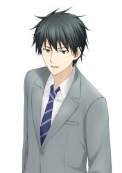  1boy black_hair blue_necktie breast_pocket chaos;child collared_shirt commentary_request dress_shirt grey_eyes grey_jacket grey_pants highres jacket male_focus necktie open_mouth otsukanolich pants pocket science_adventure shinjo_takeshi shirt short_hair solo striped_clothes striped_necktie suit suit_jacket tongue upper_body white_shirt 