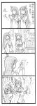  2girls 4koma :d alternate_hair_length alternate_hairstyle bbb_(friskuser) closed_eyes comic detached_sleeves fire fusou_(kantai_collection) hair_ornament highres kantai_collection long_hair monochrome multiple_girls nontraditional_miko omikuji open_mouth pleated_skirt praying revision short_hair skirt smile translated yamashiro_(kantai_collection) 