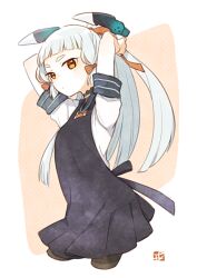  1girl adjusting_hair alternate_hairstyle apron ark_kan arms_up black_apron black_pantyhose blue_sailor_collar blunt_bangs blush closed_mouth commentary_request cropped_legs dress floating_headgear hair_ribbon headgear kantai_collection long_hair murakumo_(kancolle) orange_eyes pantyhose ponytail red_ribbon ribbon sailor_collar sailor_dress short_sleeves signature simple_background solo tress_ribbon two-tone_background white_dress 