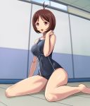  1girl brown_eyes hidaka_ai idolmaster idolmaster_dearly_stars muhi11234 school_swimsuit short_hair sitting swimsuit wariza 