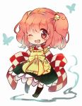  1girl ;d apron bell butterfly character_name checkered chibi clothes_writing hair_bell hair_ornament japanese_clothes motoori_kosuzu one_eye_closed open_mouth red_eyes redhead sen1986 short_hair smile solo touhou twintails 