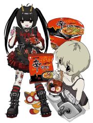  2girls abcdokjv animal apron bad_id bad_twitter_id black_apron black_boots black_hair boots chopsticks cooking_pot cup dress eating food_in_mouth fork fox frilled_apron frills full_body holding holding_chopsticks holding_cup holding_fork horns instant_noodles jewelry long_hair looking_at_viewer multiple_girls necklace open_mouth original red_dress shin_ramyun simple_background sink socks spiked_boots sticker striped_clothes striped_socks twintails white_background 