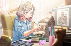  1girl blue_eyes blue_hoodie ceras_yanagida_lilienfeld chair collarbone game_asset grey_hair hair_ornament hair_ribbon hairclip highres hinoshita_kaho holding hood hood_down hoodie indoors long_sleeves love_live! love_live!_hasu_no_sora_jogakuin_school_idol_club low_twintails medium_hair monitor murano_sayaka non-web_source official_art on_chair osawa_rurino parallel_hairclips pink_ribbon ribbon sculpting sculpture self-datamine shirt sidelocks sitting sleeves_pushed_up solo stuffed_animal stuffed_toy sweatdrop teddy_bear three-quarter_sleeves twintails v-shaped_eyebrows virtual_youtuber white_shirt 