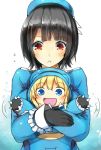  2girls :o age_regression atago_(kantai_collection) black_gloves black_hair blonde_hair blue_clothes blue_eyes dinosaur_costume disguise gloves highres kantai_collection korezyanai looking_at_another looking_at_viewer military military_uniform multiple_girls open_mouth red_eyes short_hair takao_(kantai_collection) uniform waving_arms younger 