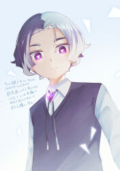  1boy absurdres aged_down amethio_(pokemon) black_vest bright_pupils closed_mouth collared_shirt commentary_request grey_background hair_between_eyes highres looking_at_viewer looking_down male_focus mikan_bako multicolored_hair pokemon pokemon_(anime) pokemon_horizons shirt short_hair solo translation_request two-tone_hair upper_body vest violet_eyes white_pupils white_shirt 