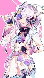  1girl ascot belt black_choker black_gloves black_undershirt blue_eyes blunt_sidelocks choker collared_shirt commentary fingerless_gloves gloves hair_ornament hand_on_own_hip headset highres indie_virtual_youtuber jacket long_hair long_sleeves looking_at_viewer multicolored_hair one_eye_closed open_mouth purple_ascot purple_belt purple_hair purple_nails purple_streaks rin_penrose rin_penrose_(rin_2.0) see-through_clothes see-through_skirt_layer shirt sidelocks skirt solo star_(symbol) star_hair_ornament streaked_hair teeth troubleshooter_bun untranslatable_commentary upper_teeth_only virtual_youtuber white_hair white_jacket white_skirt 