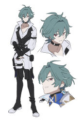  1boy ahoge armor belt belt_collar black_belt black_gloves blue_shirt buttons choker collar collarbone collared_shirt earrings fingerless_gloves full_body genshin_impact gloves green_hair grin hair_between_eyes hair_intakes hand_on_own_arm highres jewelry lapels lohen_(genshin_impact) lohen_(standardized_test)_(genshin_impact) looking_at_viewer looking_to_the_side male_focus mole mole_under_eye multicolored_eyes official_alternate_costume open_collar pants pinstripe_pattern pinstripe_vest shirt short_hair shoulder_armor single_earring smile solo standing udeudede upper_body vest waistcoat white_background white_pants white_shirt 