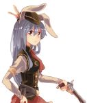  1girl alternate_costume animal_ears antique_firearm corset crescent dress firelock flintlock gun hand_on_hip handgun hat long_hair pistol purple_hair rabbit_ears red_eyes reisen_udongein_inaba solo steampunk touhou trigger_discipline weapon yoshinaga_p 