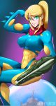  1girl abs arm_cannon blonde_hair bodysuit breasts flexing fusion_suit green_eyes highres large_breasts long_hair metroid metroid_(creature) metroid_fusion muscle payot ponytail pose samus_aran sitting skin_tight smile solfei solo weapon 